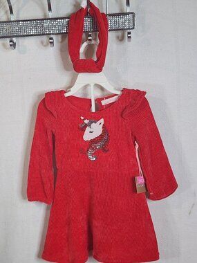 Young Hearts Red Poly 2pc Super Soft Sequined Unicorn Dress and Headband Size 2T